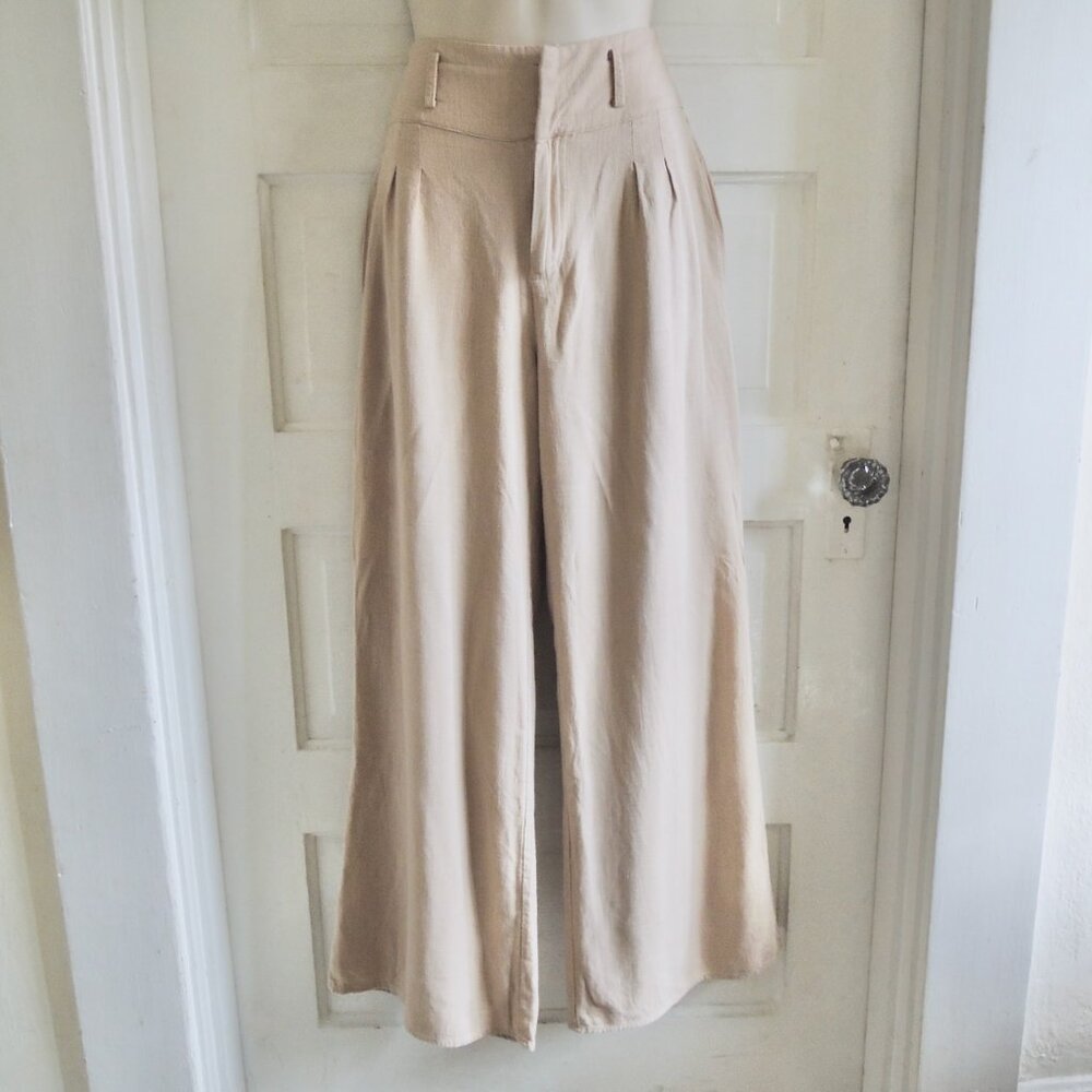 Aakaa Tan Linen Blend Wide Leg Flowy Pants Lined S